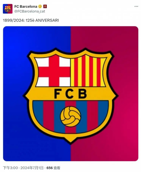 巴萨晒队徽庆祝建队125周年，赢得27次西甲冠军+5次欧冠冠军