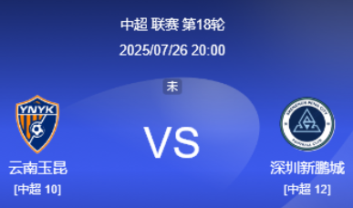 中超18轮前瞻​：云南玉昆与深圳新鹏城上演攻防对决